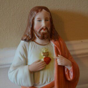 Vintage Antique Sacred Heart of Jesus bisque porcelain Holy water font Germany